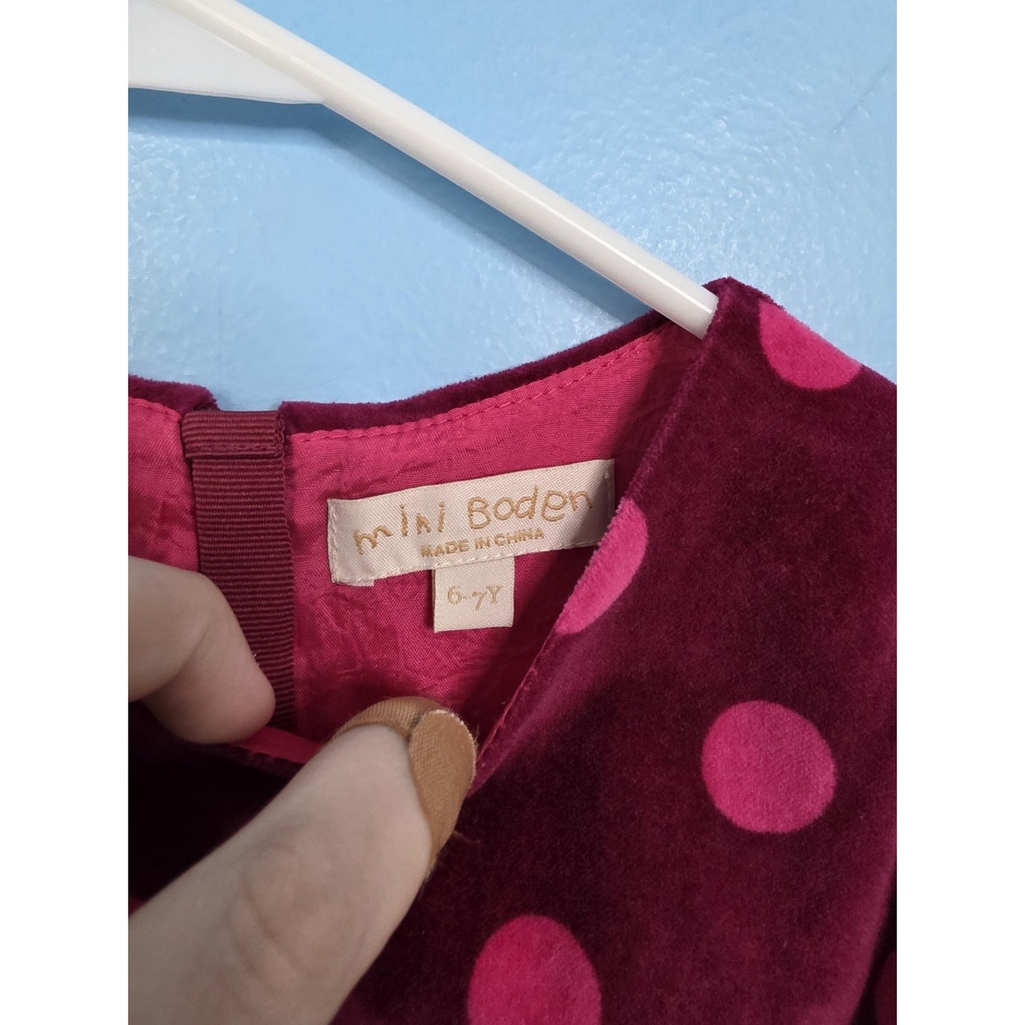 Mini Boden Spotty Velvet Fit And Flare Dress Size 6/7 Mulberry dark pink