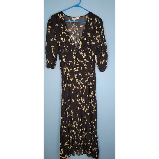 Flynn Skye Small Elsie Midi Dress Black White V Neck Hourglass Puff Sleeves NWOT