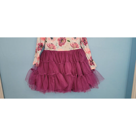 Girls Blue Floral Long Sleeve Layered Purple Tulle Dress Size Small (2T/3T)