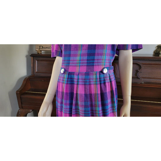 Vintage Purple And Pink Plaid Lady Dorby Long Dress With Shoulder Pads Size 14