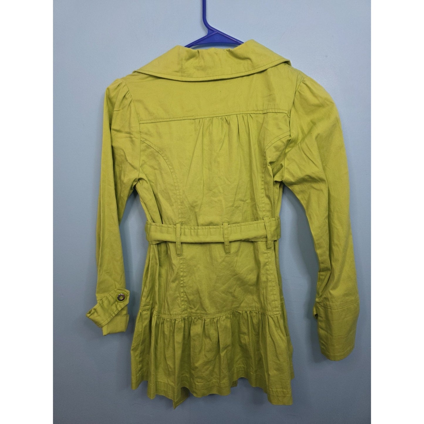 Takara Bright Green Double Breasted Trench Coat Girls Large Belted Ruffle Hem