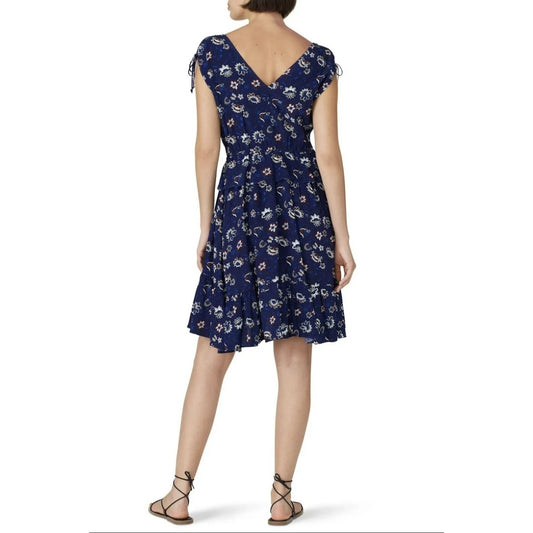 Thakoon Collective Navy Lotus Printed Dress Size 0 V-Neck Ruffled High-Low Hem