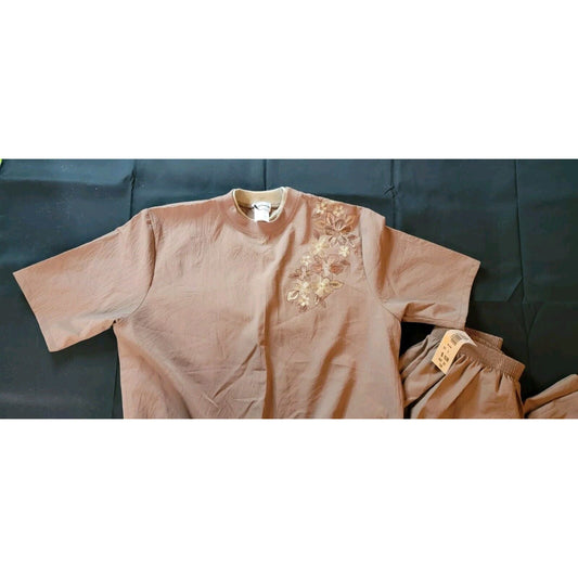 Bonworth 2 Piece Outfit Brown With Floral Embroidered Size Small, Top NWT