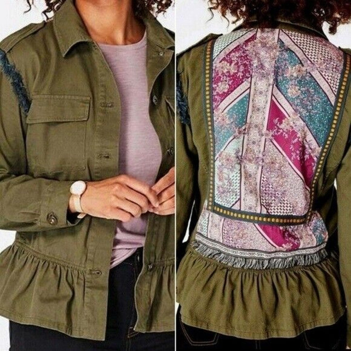 Matilda Jane Embroidered Patchwork Military Jacket Sz XS Army Olive Green Artsy
