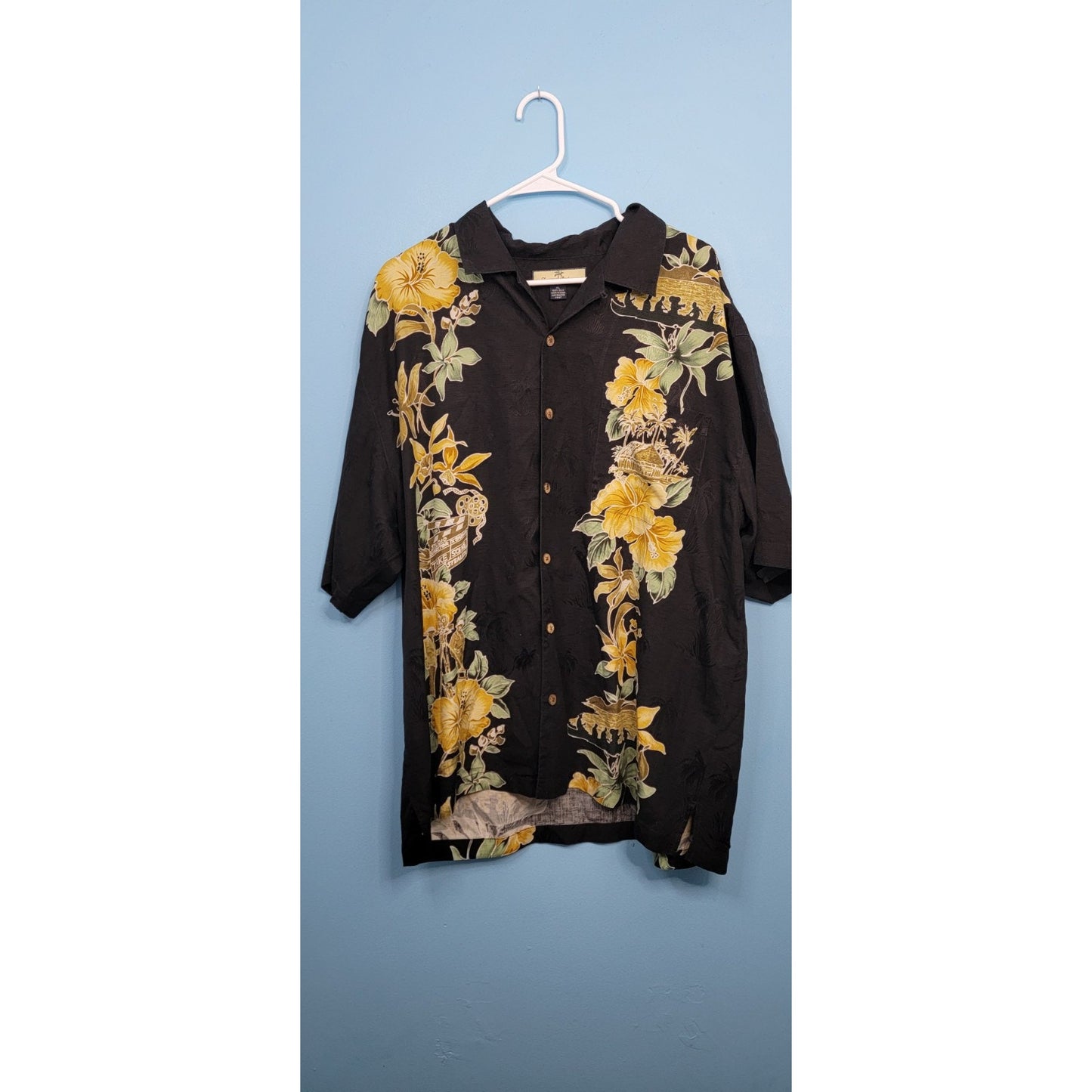 TOMMY BAHAMA 100% SILK BLACK YELLOW TROPICAL FLOWER SHORT SLEEVE SHIRT - XL