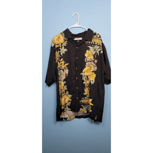 TOMMY BAHAMA 100% SILK BLACK YELLOW TROPICAL FLOWER SHORT SLEEVE SHIRT - XL