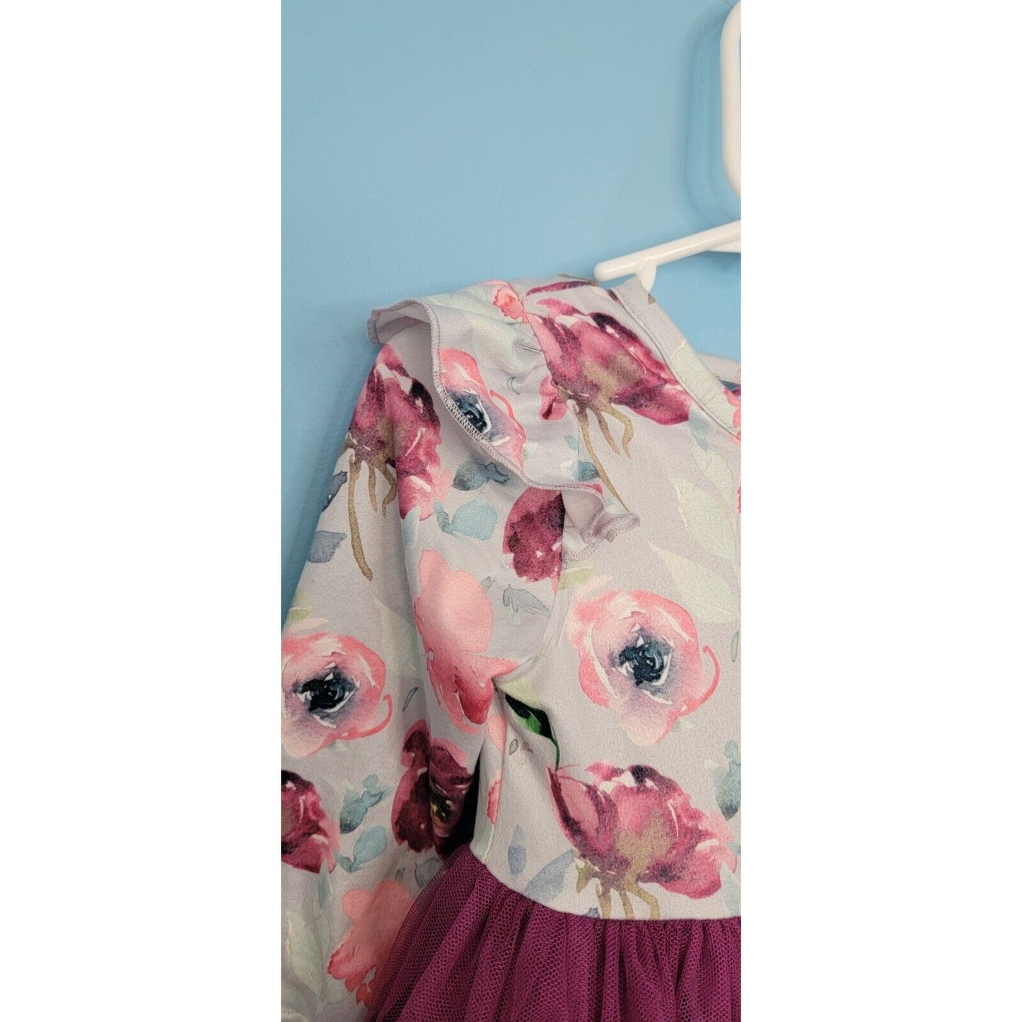 Girls Blue Floral Long Sleeve Layered Purple Tulle Dress Size Small (2T/3T)