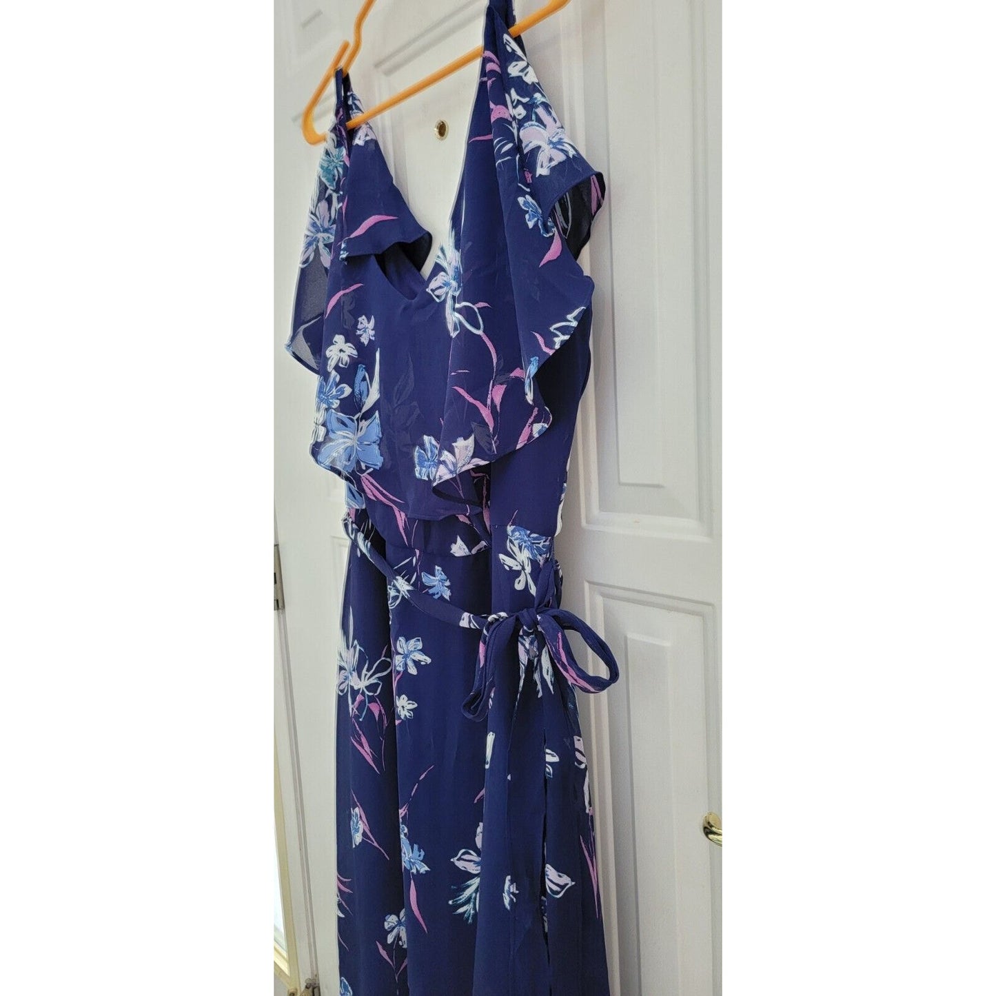 LANE BRYANT Floral Flutter Midi Dress Size 22 Chiffon Navy Blue Cocktail Wedding