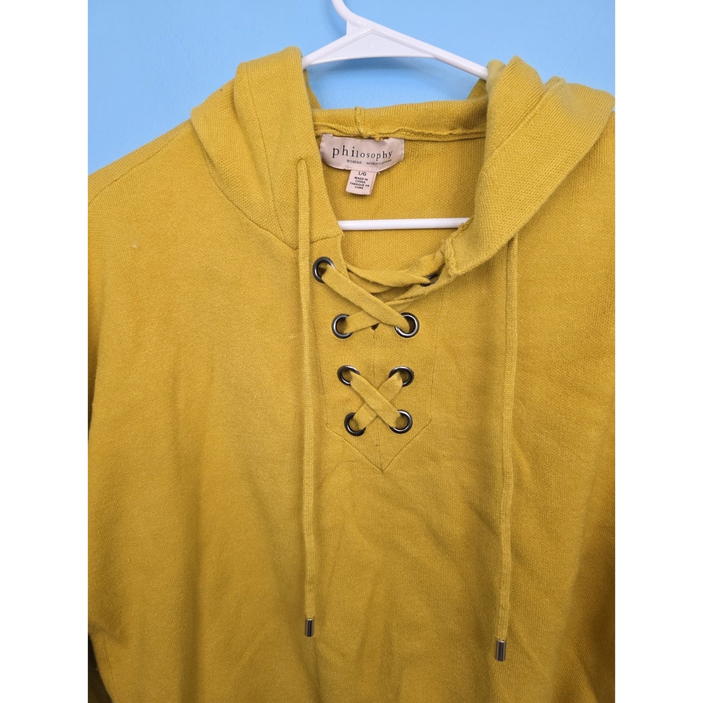 Philosophy Womens Hooded Pullover Sweater Size Lg. Lace Up Yellow Viscose Blend