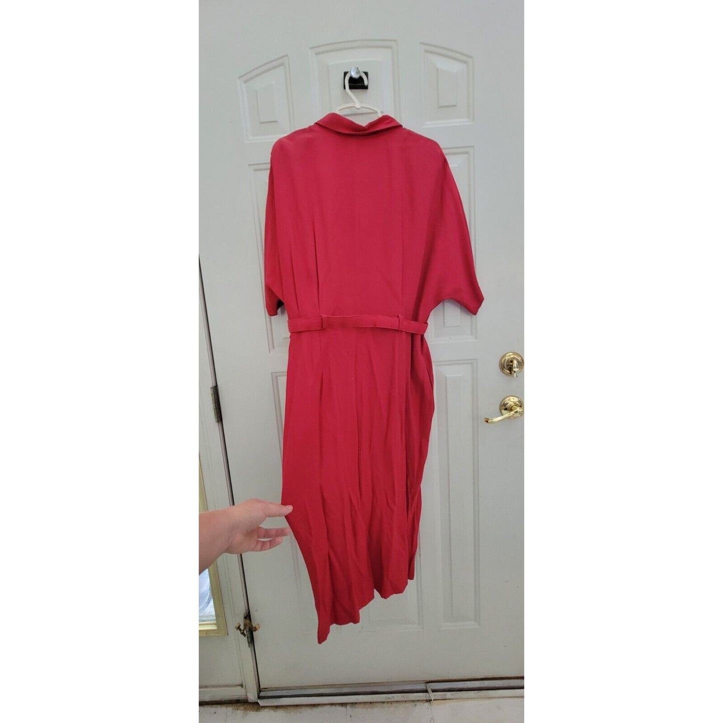 1980s David Benjamin Shin Length Pinky Red Belted Dress With Brooch Size 16