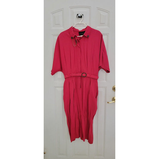 1980s David Benjamin Shin Length Pinky Red Belted Dress With Brooch Size 16