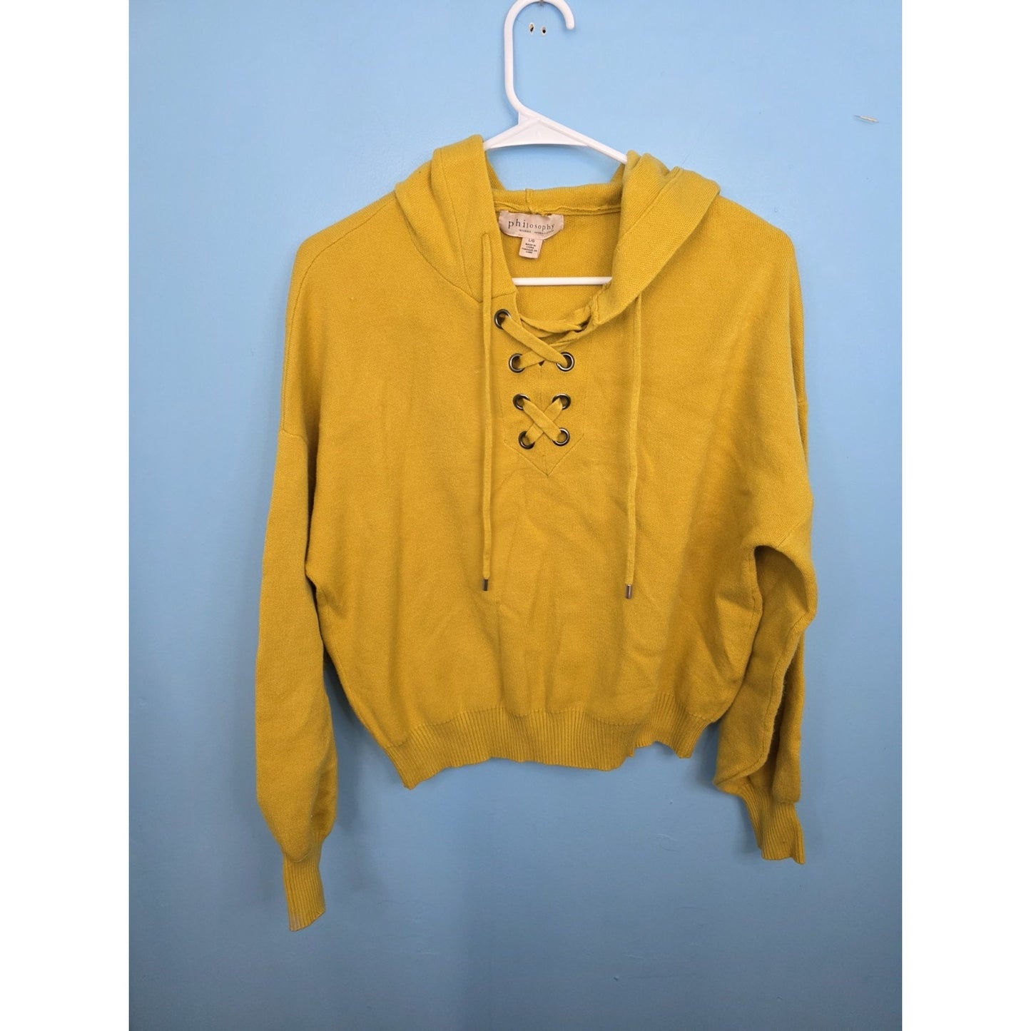 Philosophy Womens Hooded Pullover Sweater Size Lg. Lace Up Yellow Viscose Blend