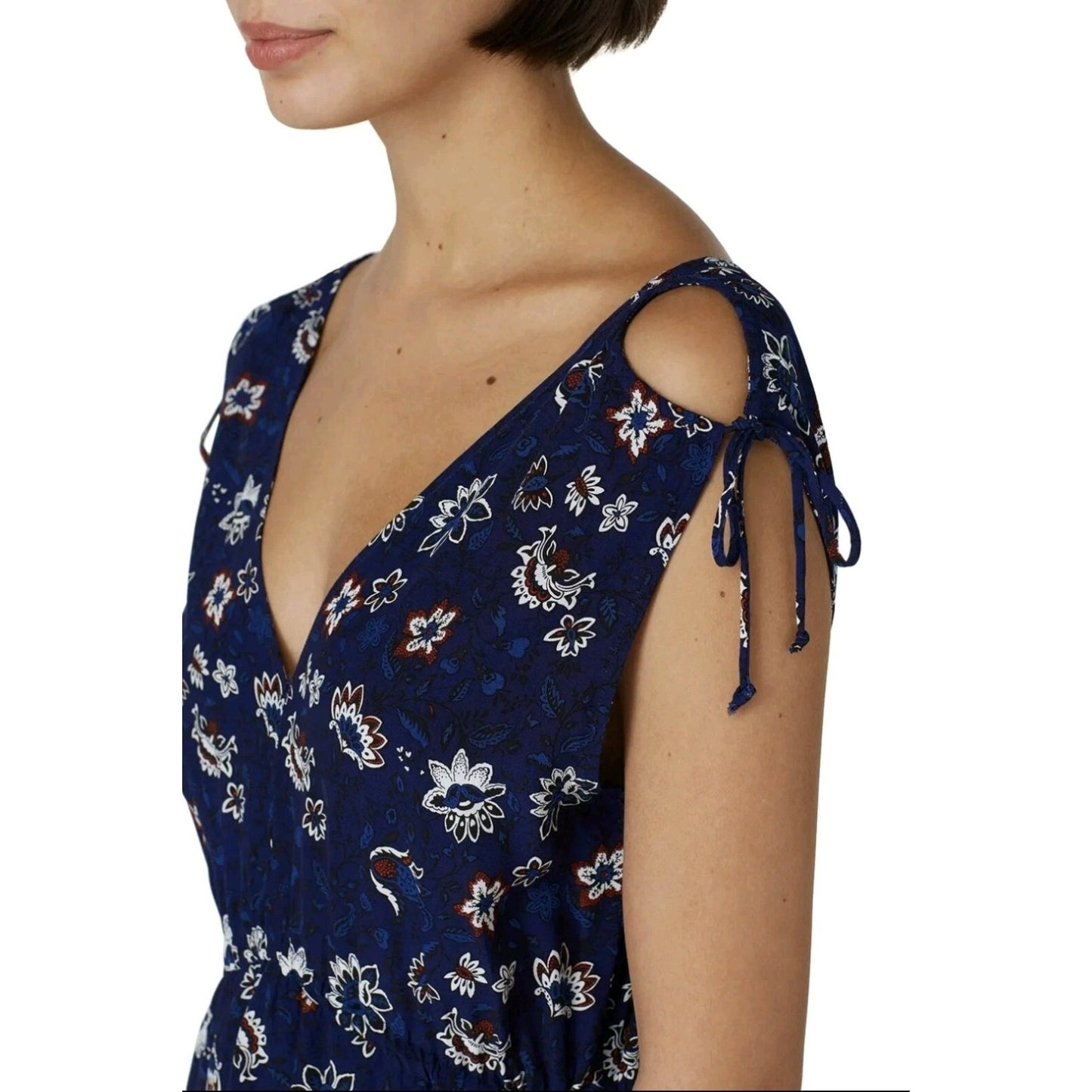 Thakoon Collective Navy Lotus Printed Dress Size 0 V-Neck Ruffled High-Low Hem