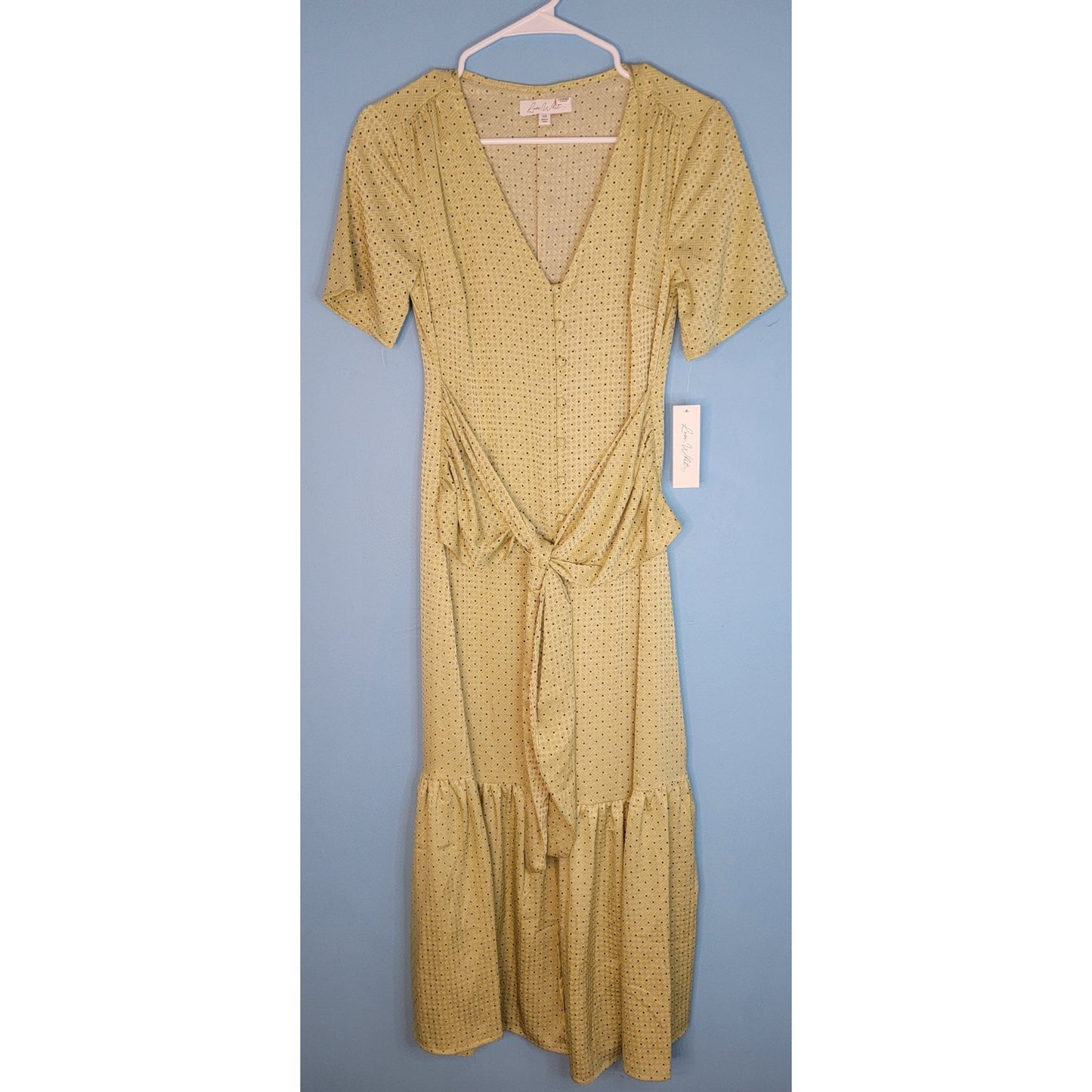Love, Whit Citron Dot Midi Maxi Dress Womens Sz XS Tie Waist Green Whitney Port