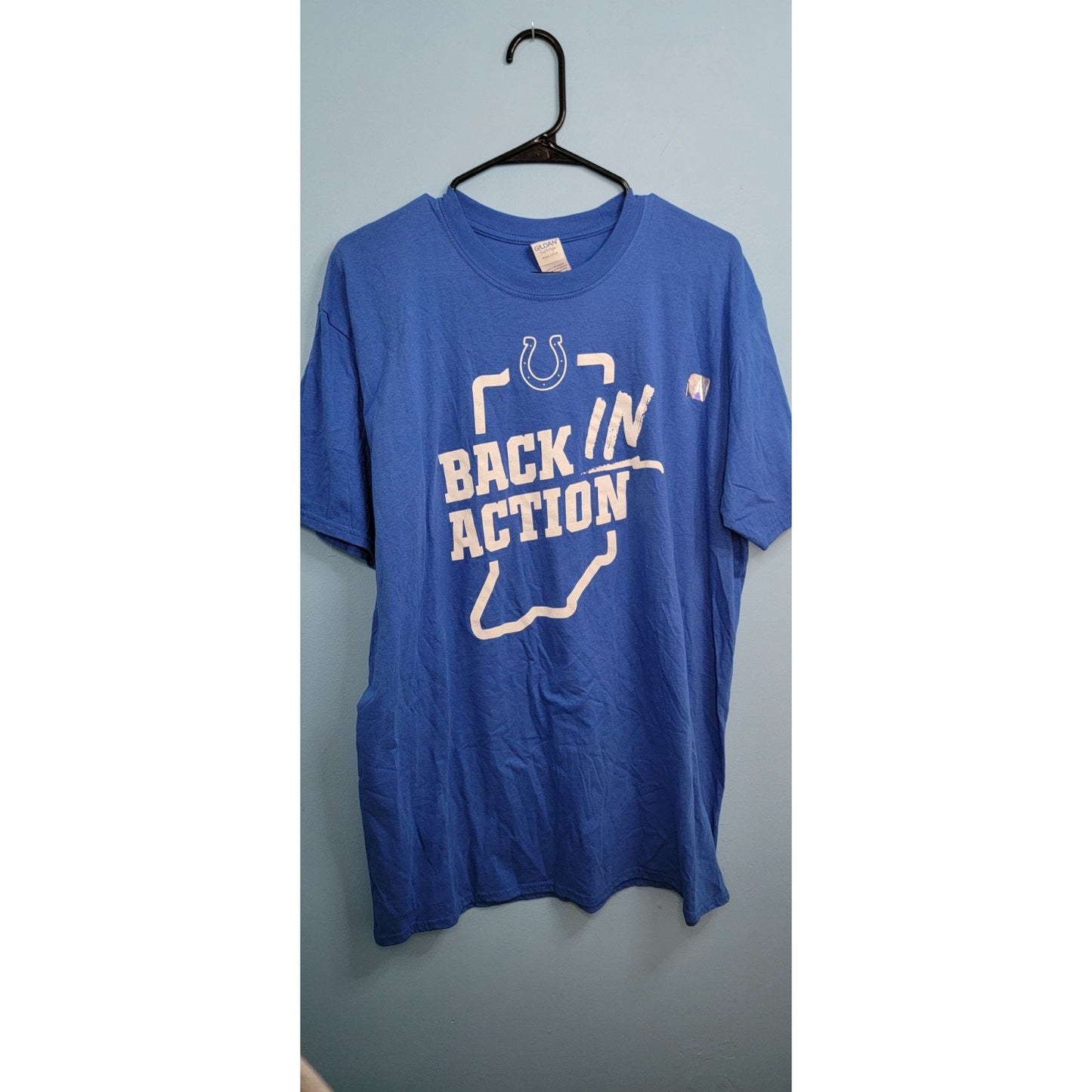 Indianapolis Colts "Back In Action" Gildan Softstyle T-Shirt Unisex size XL Blue