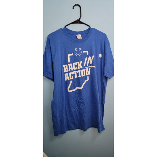 Indianapolis Colts "Back In Action" Gildan Softstyle T-Shirt Unisex size XL Blue