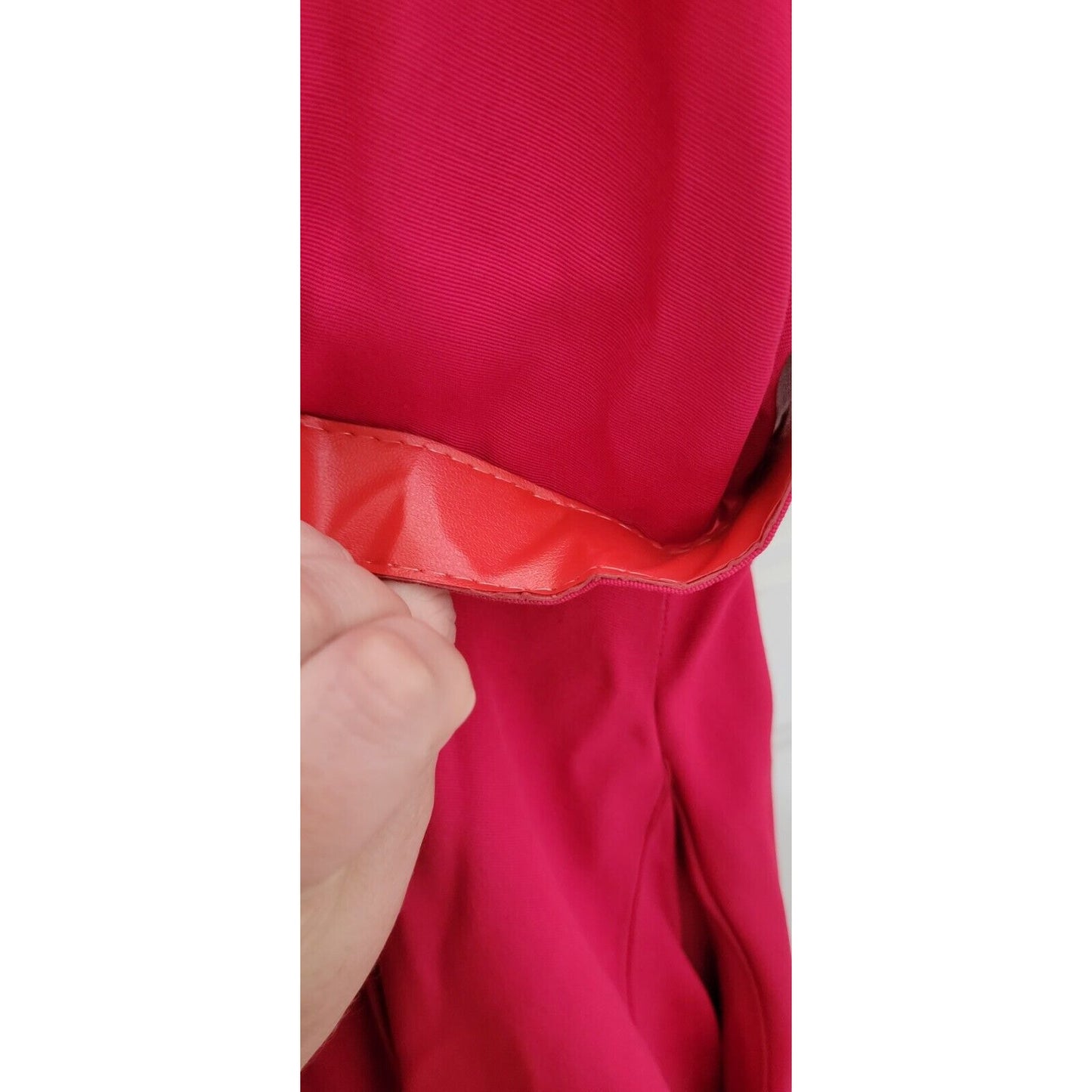 1980s David Benjamin Shin Length Pinky Red Belted Dress With Brooch Size 16