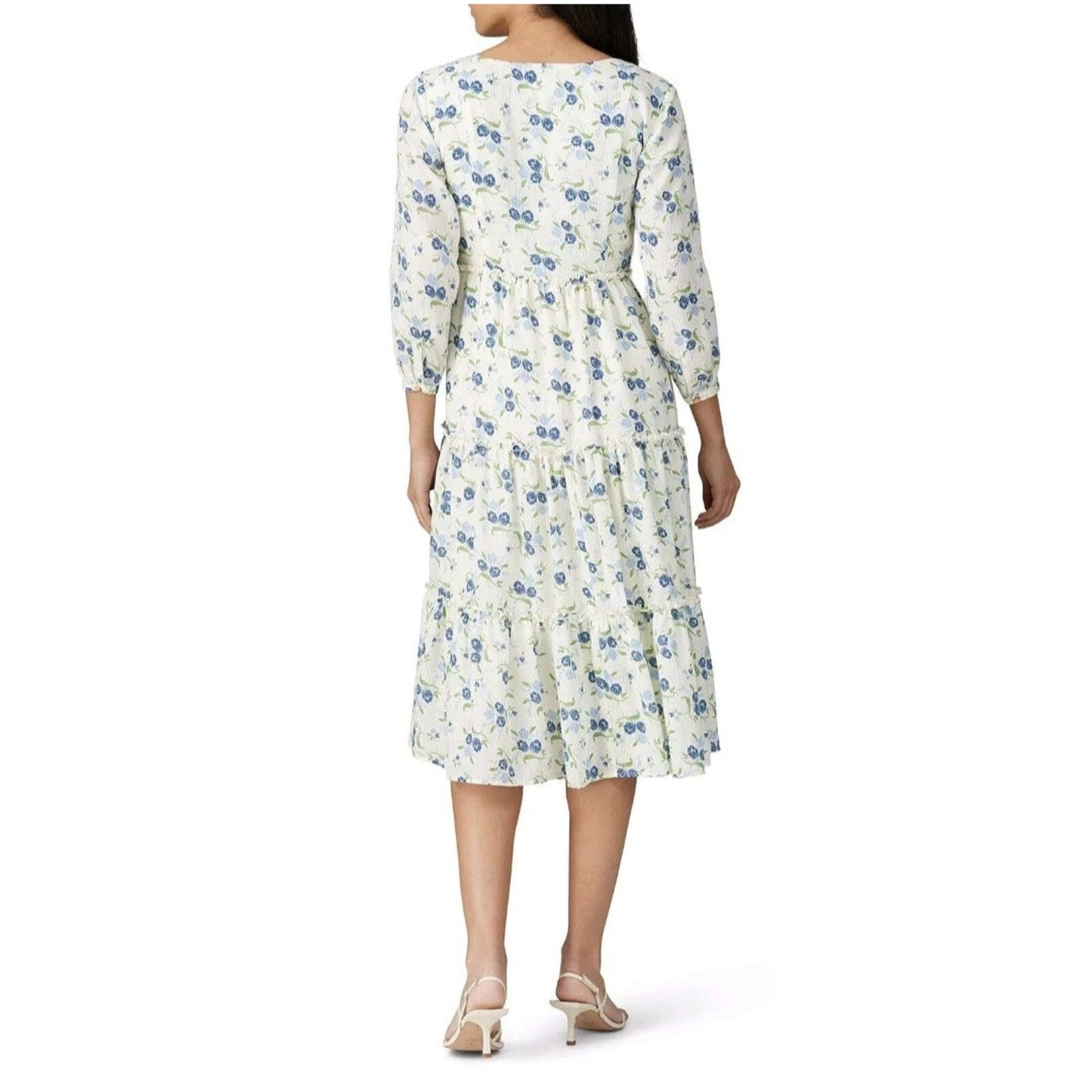 Sweet Baby Jamie Ivory Floral Print Tiered 3/4 Sleeve Midi Dress Size Medium