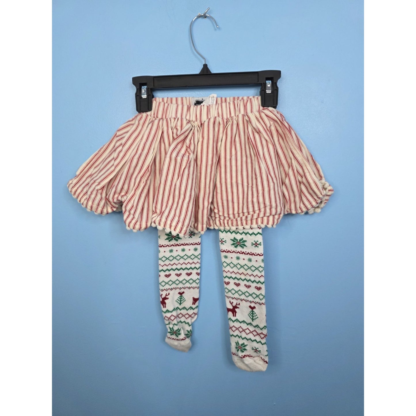 Girls Mud Pie Striped Christmas Pom Pom Skirt With Built In Tights Size 24M/2T