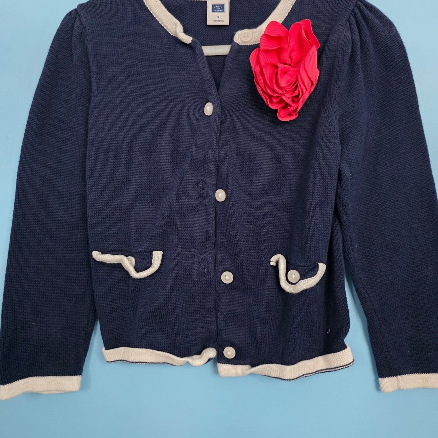 Janie and Jack Blue Cardigan with white trim and flower size 3