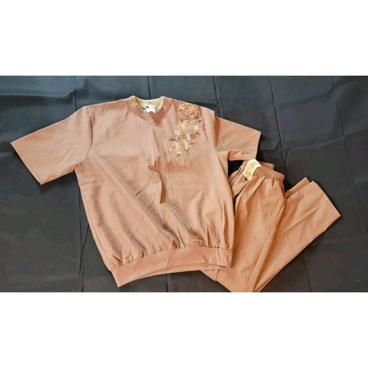 Bonworth 2 Piece Outfit Brown With Floral Embroidered Size Small, Top NWT