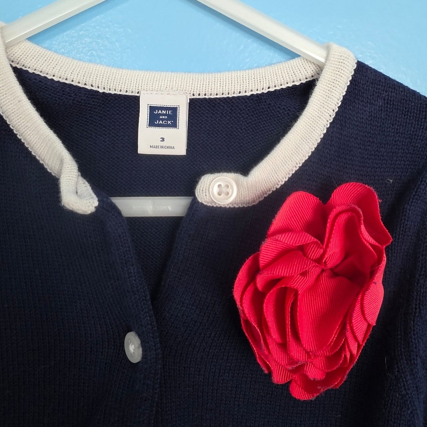 Janie and Jack Blue Cardigan with white trim and flower size 3