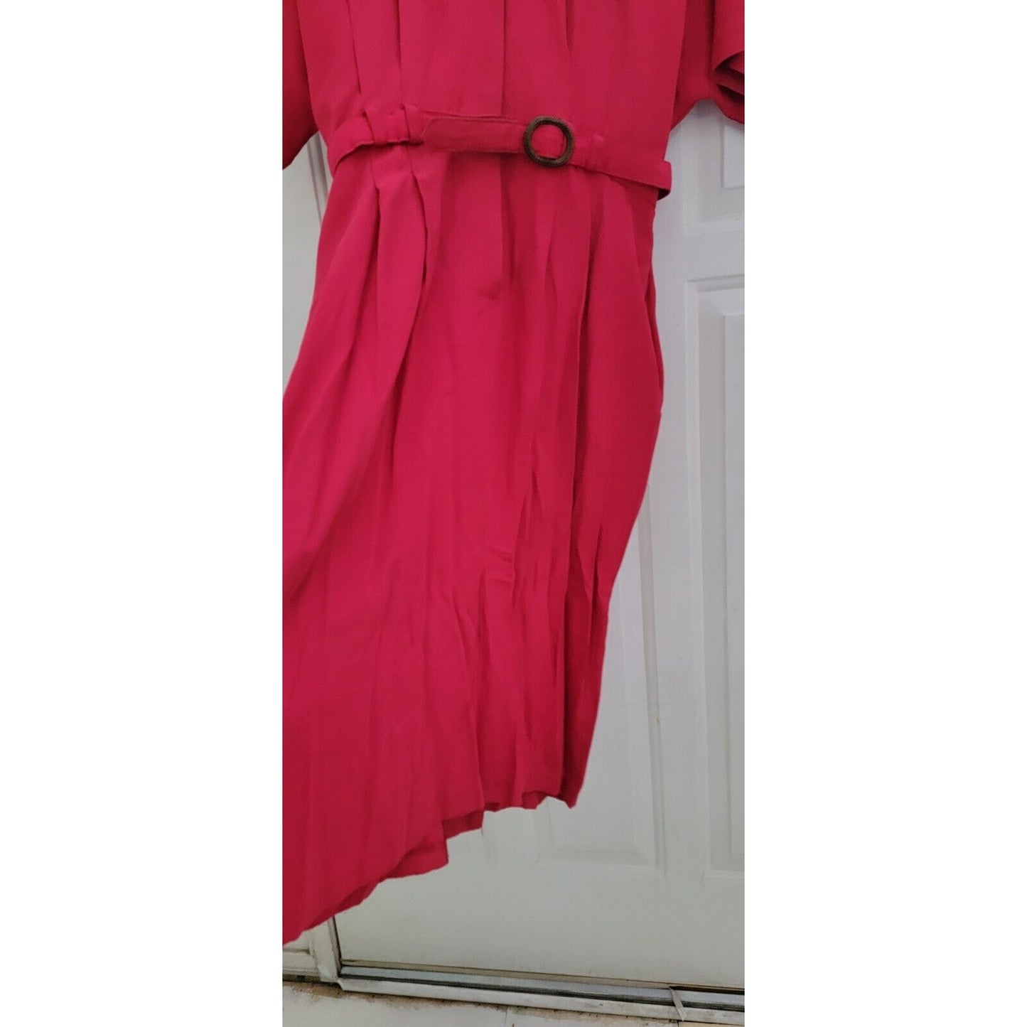 1980s David Benjamin Shin Length Pinky Red Belted Dress With Brooch Size 16