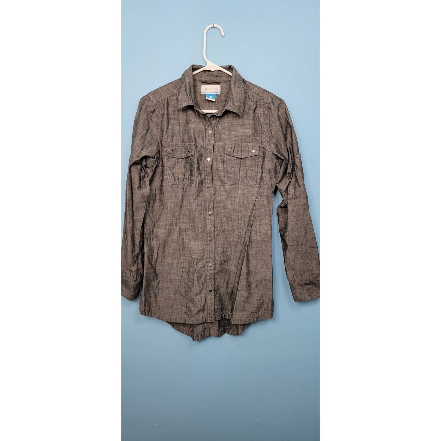 Women's Small Columbia Camp Henry Long Sleeve Cotton Shirt Gray Button Up
