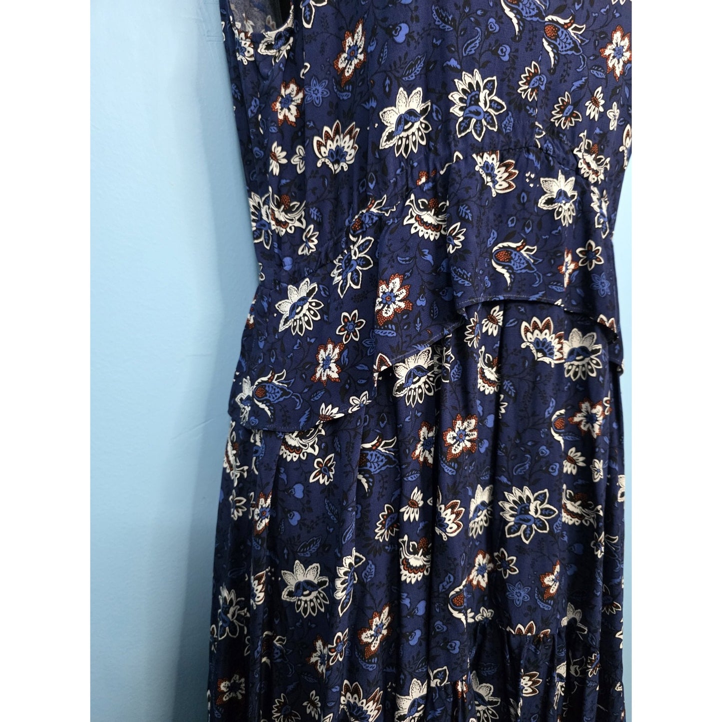 Thakoon Collective Navy Lotus Printed Dress Size 0 V-Neck Ruffled High-Low Hem