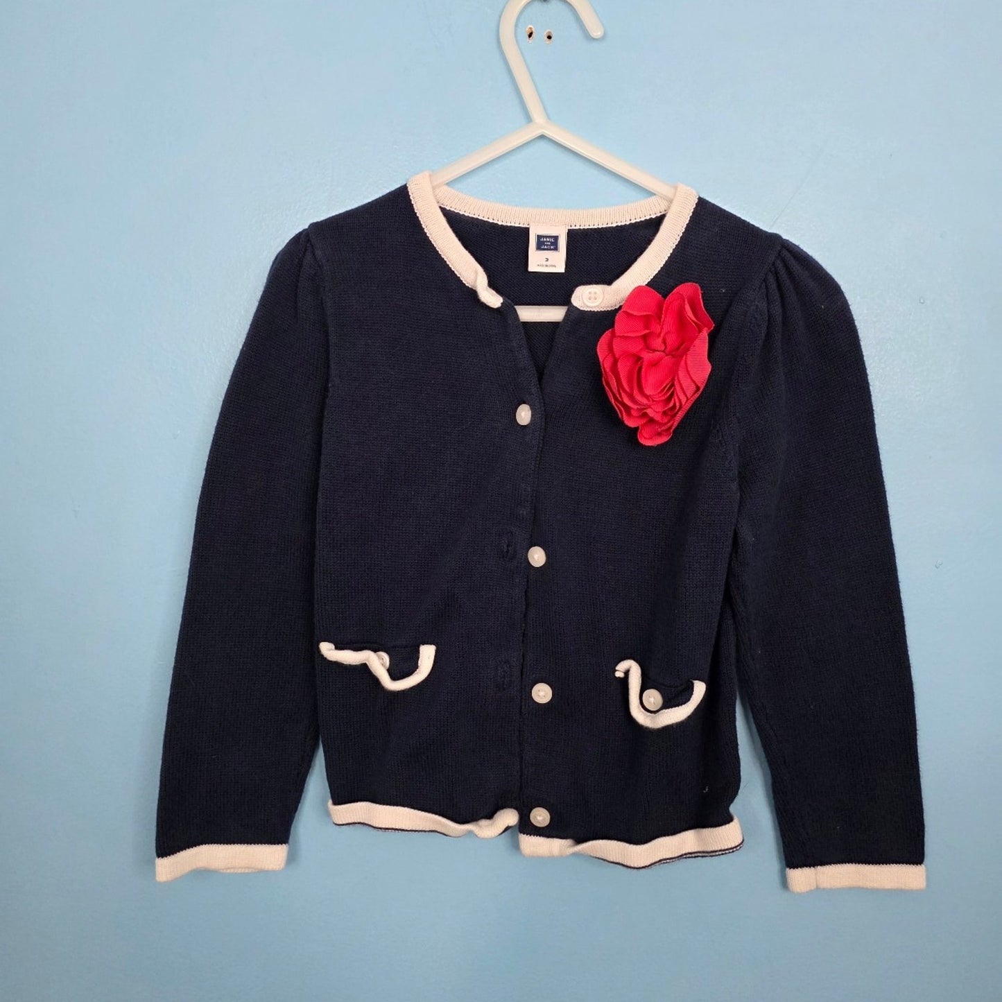 Janie and Jack Blue Cardigan with white trim and flower size 3