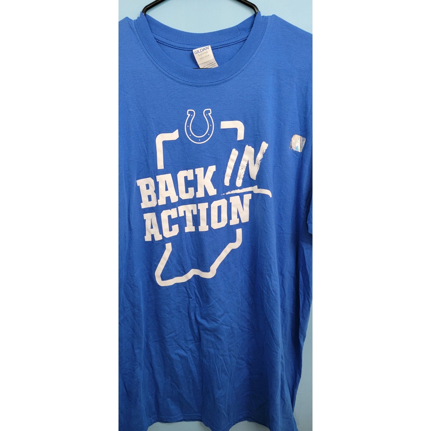 Indianapolis Colts "Back In Action" Gildan Softstyle T-Shirt Unisex size XL Blue