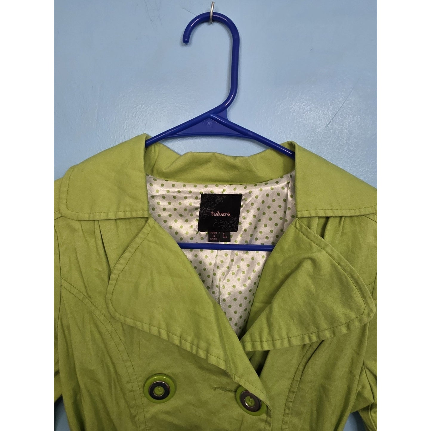 Takara Bright Green Double Breasted Trench Coat Girls Large Belted Ruffle Hem