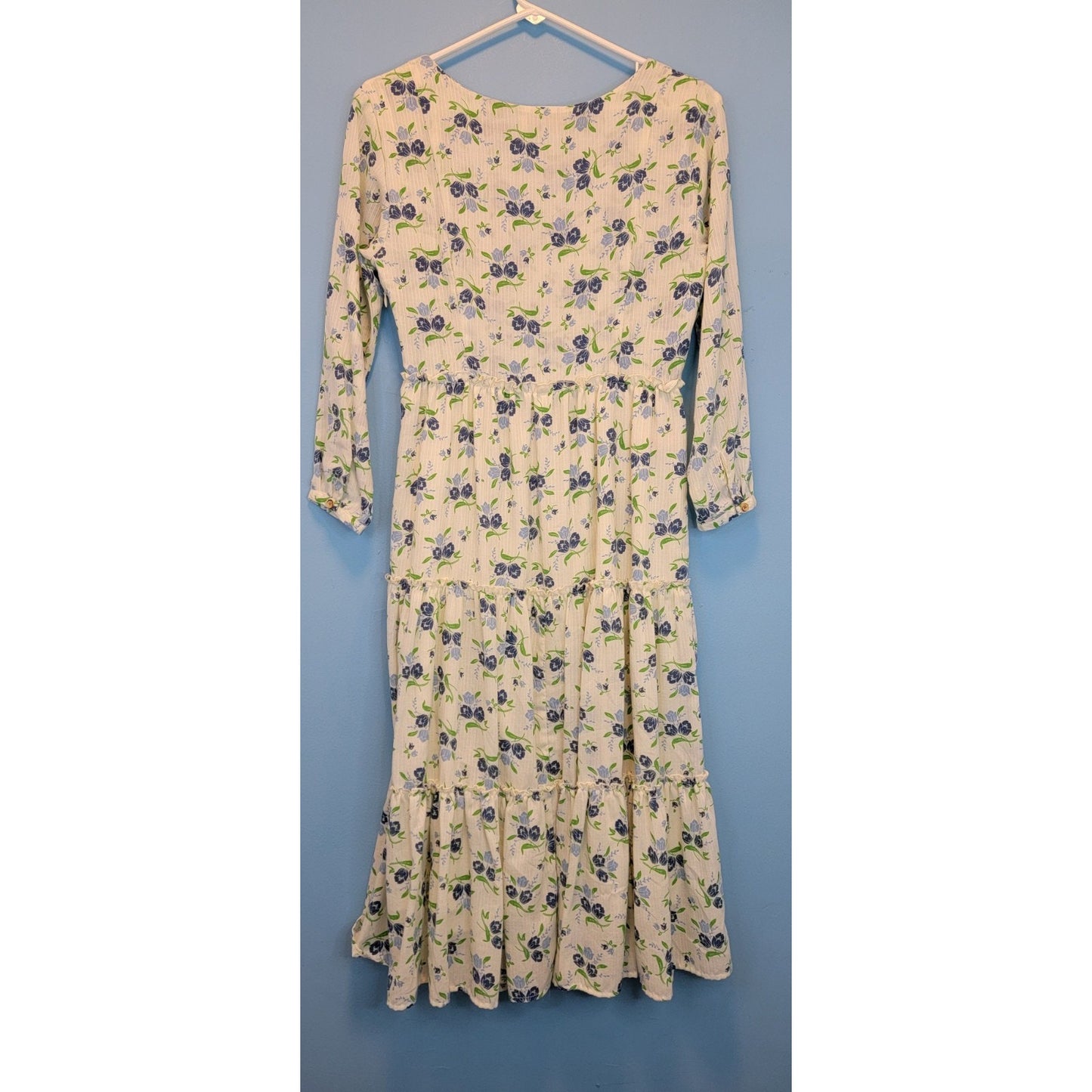 Sweet Baby Jamie Ivory Floral Print Tiered 3/4 Sleeve Midi Dress Size Medium