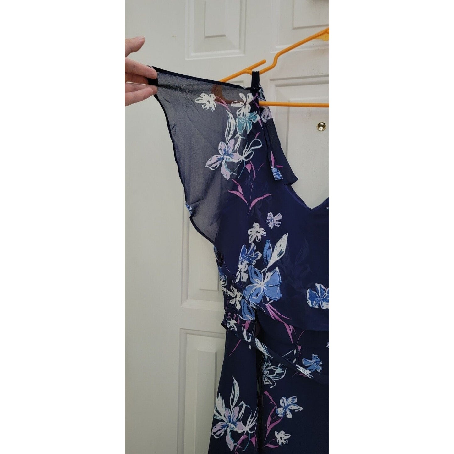 LANE BRYANT Floral Flutter Midi Dress Size 22 Chiffon Navy Blue Cocktail Wedding