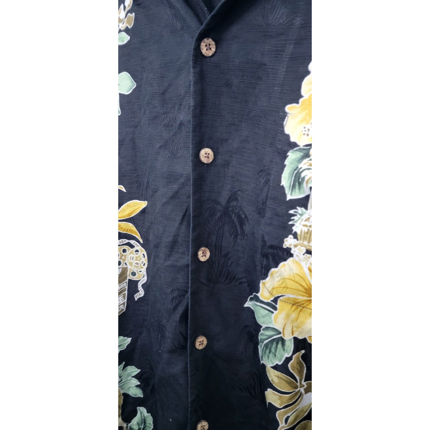 TOMMY BAHAMA 100% SILK BLACK YELLOW TROPICAL FLOWER SHORT SLEEVE SHIRT - XL