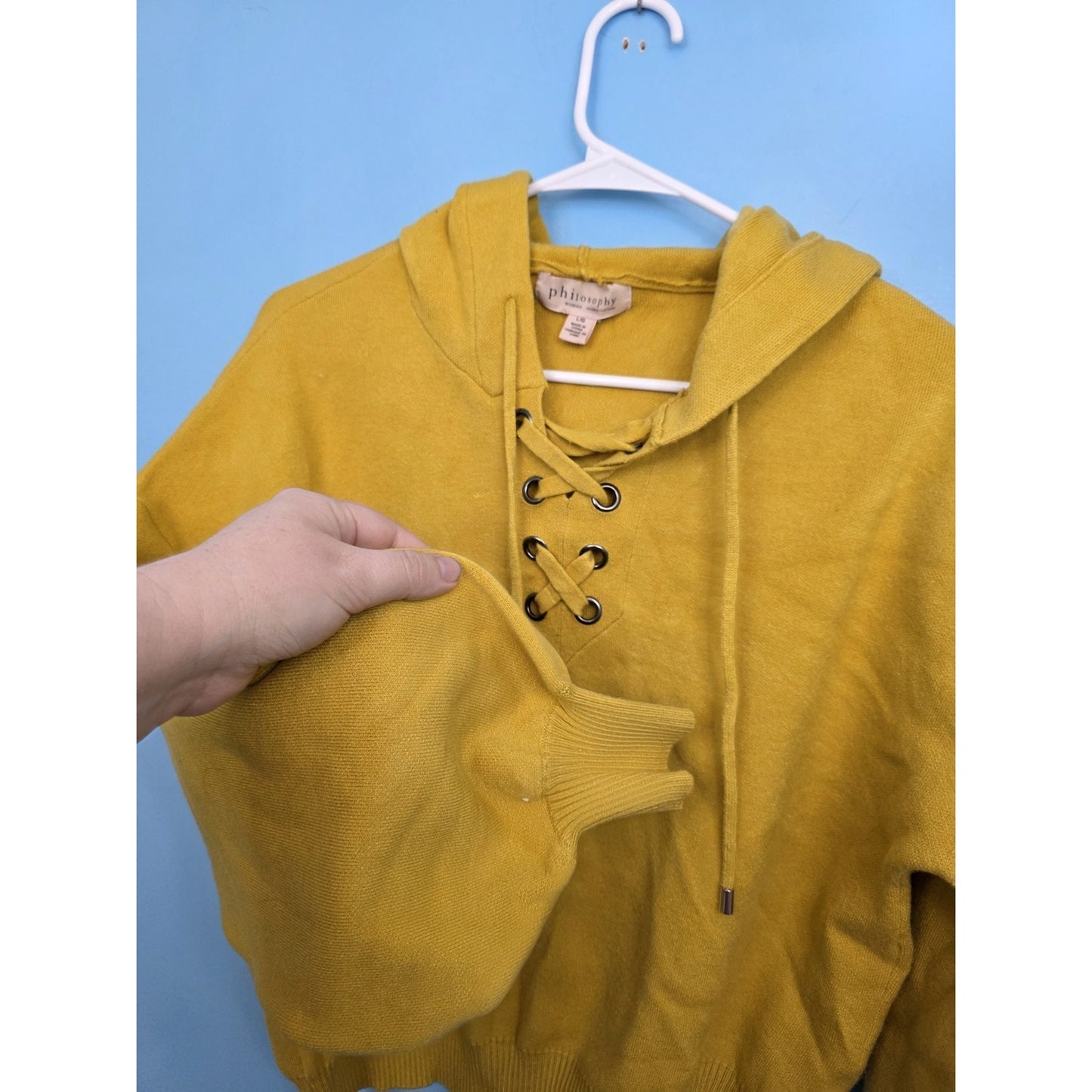 Philosophy Womens Hooded Pullover Sweater Size Lg. Lace Up Yellow Viscose Blend