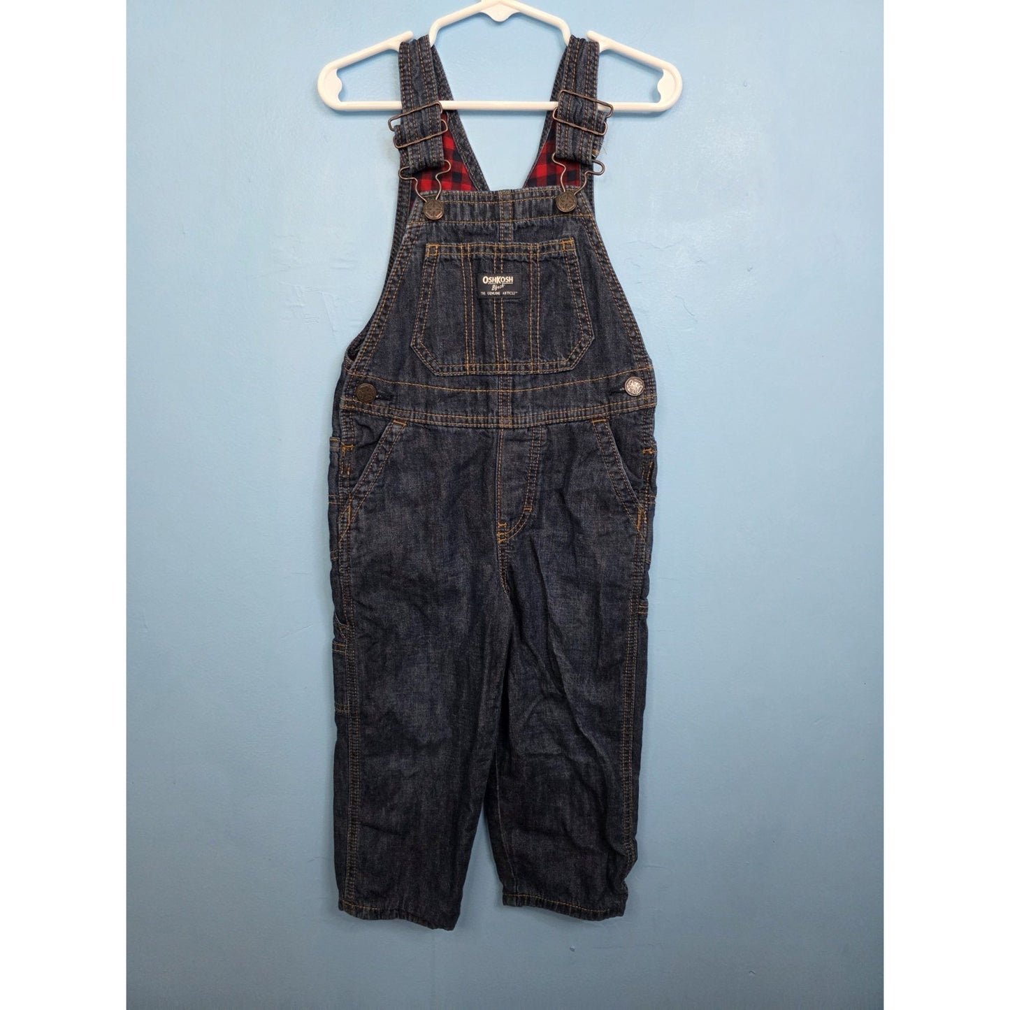 OshKosh Bgosh 3T Denim Buffalo Plaid Flannel Lined Bibs Overalls Jean Toddler