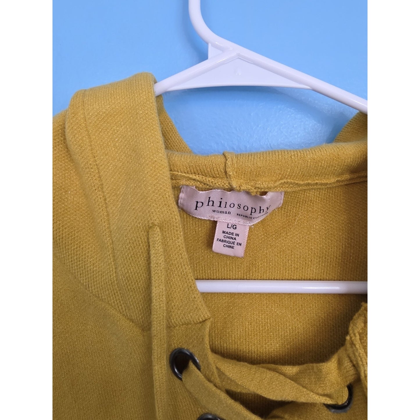 Philosophy Womens Hooded Pullover Sweater Size Lg. Lace Up Yellow Viscose Blend