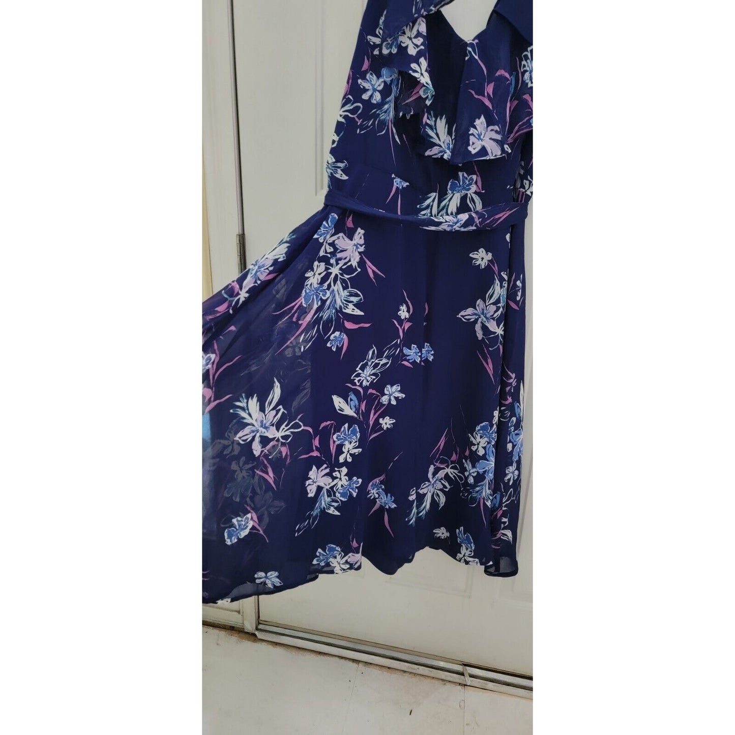 LANE BRYANT Floral Flutter Midi Dress Size 22 Chiffon Navy Blue Cocktail Wedding