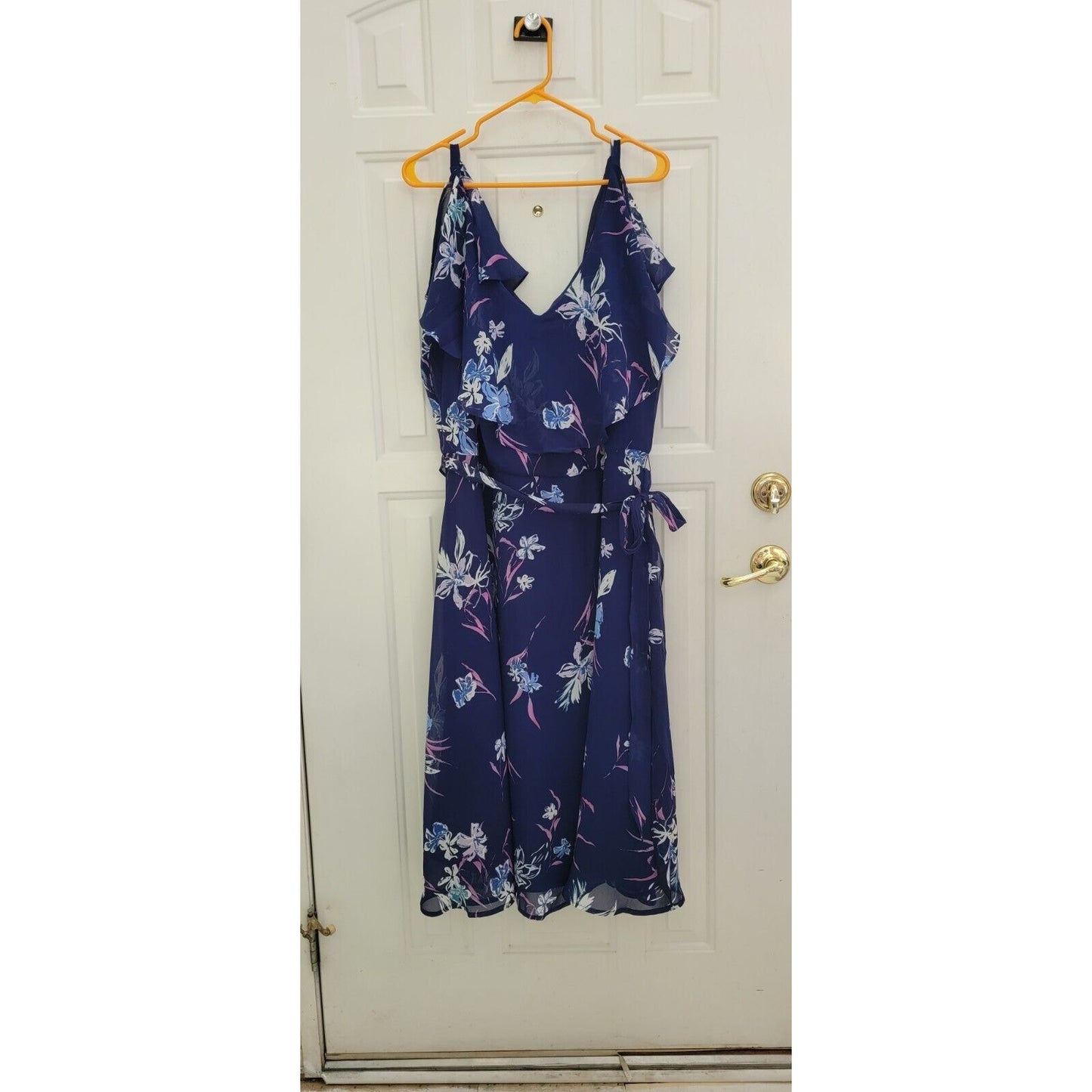 LANE BRYANT Floral Flutter Midi Dress Size 22 Chiffon Navy Blue Cocktail Wedding
