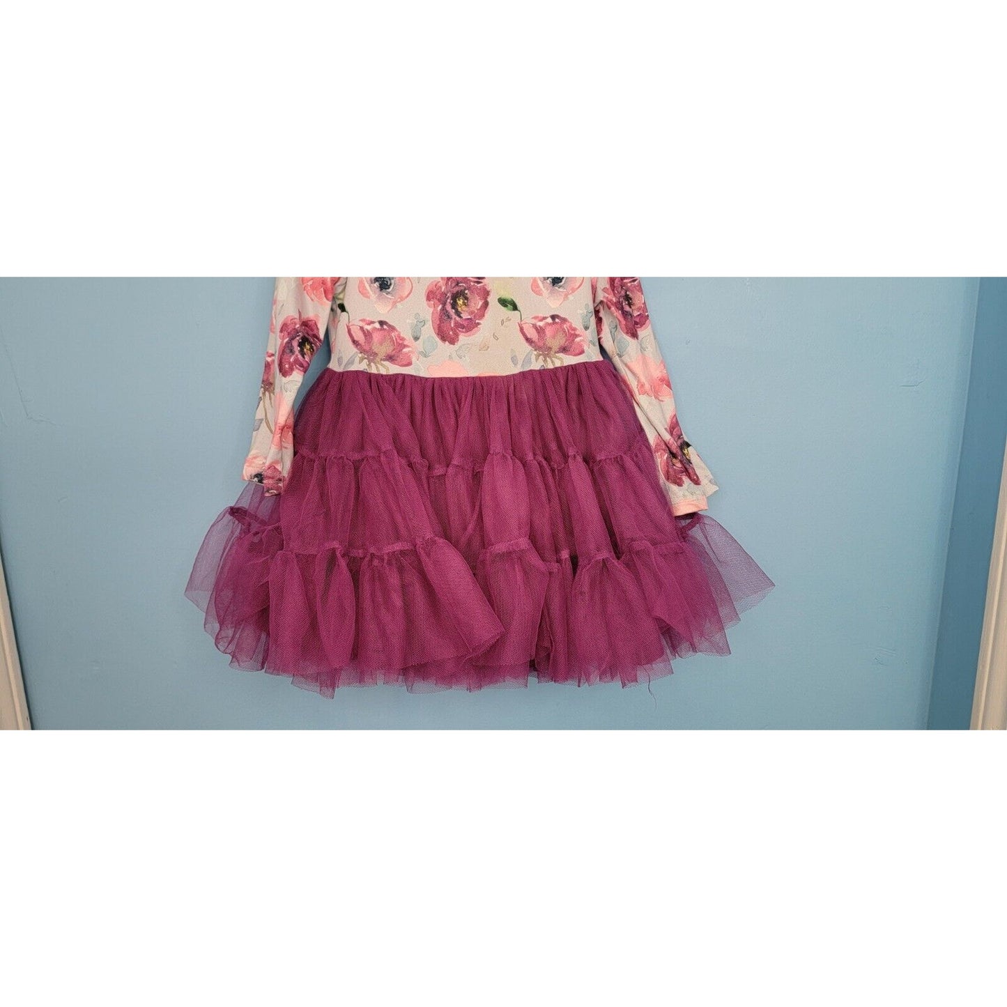 Girls Blue Floral Long Sleeve Layered Purple Tulle Dress Size Small (2T/3T)