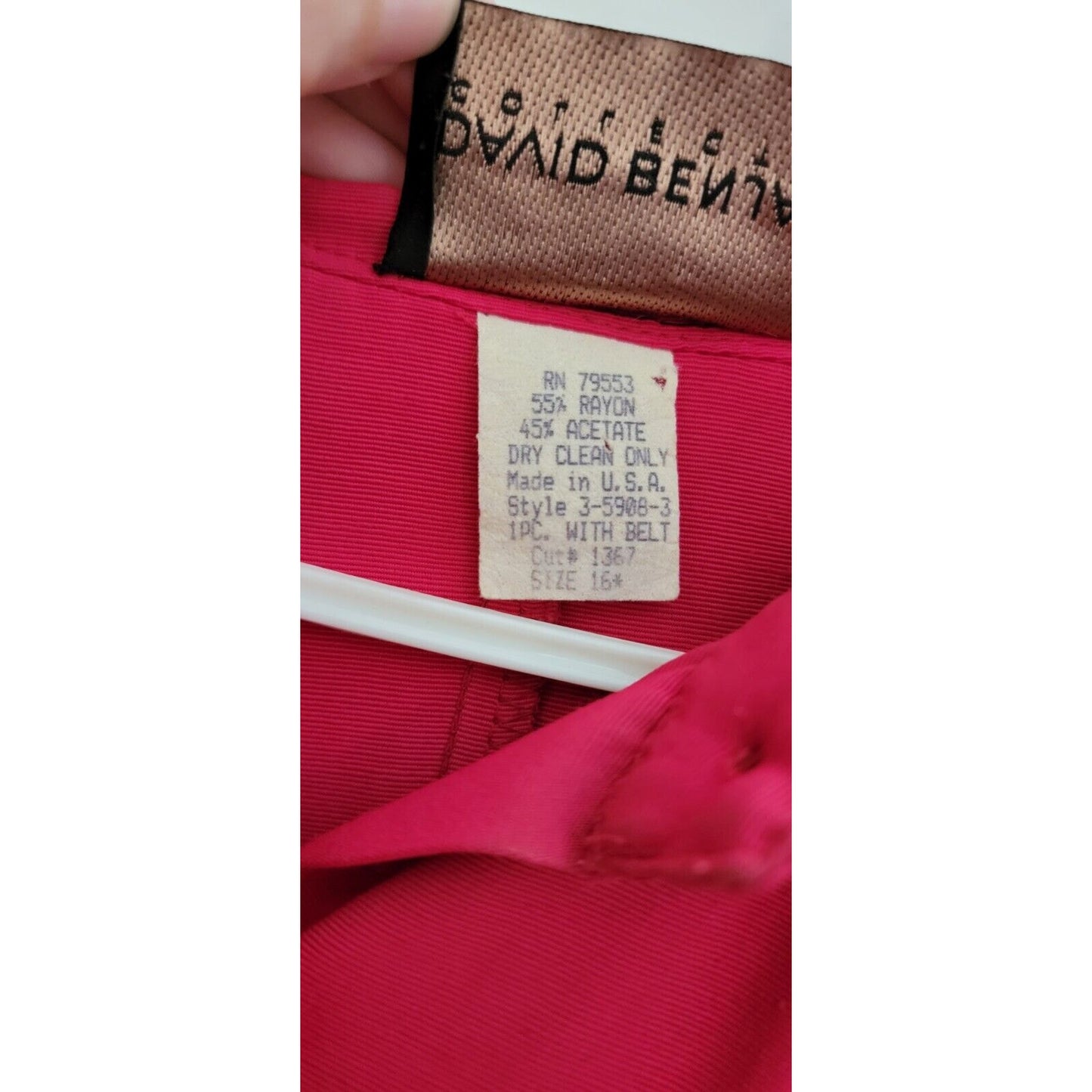 1980s David Benjamin Shin Length Pinky Red Belted Dress With Brooch Size 16