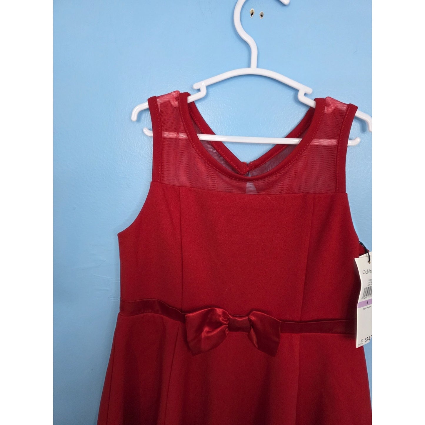 Calvin Klein Illusion Size 6 Mesh Bow Front Dress, Girls Red Sleeveless MSRP $74