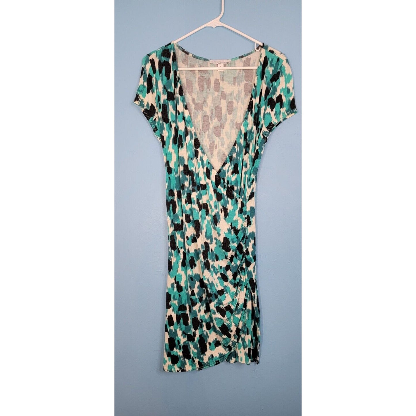 Lucy & Laurel Black White Turquoise Deep V Neck Cap Sleeve Dress Size Small