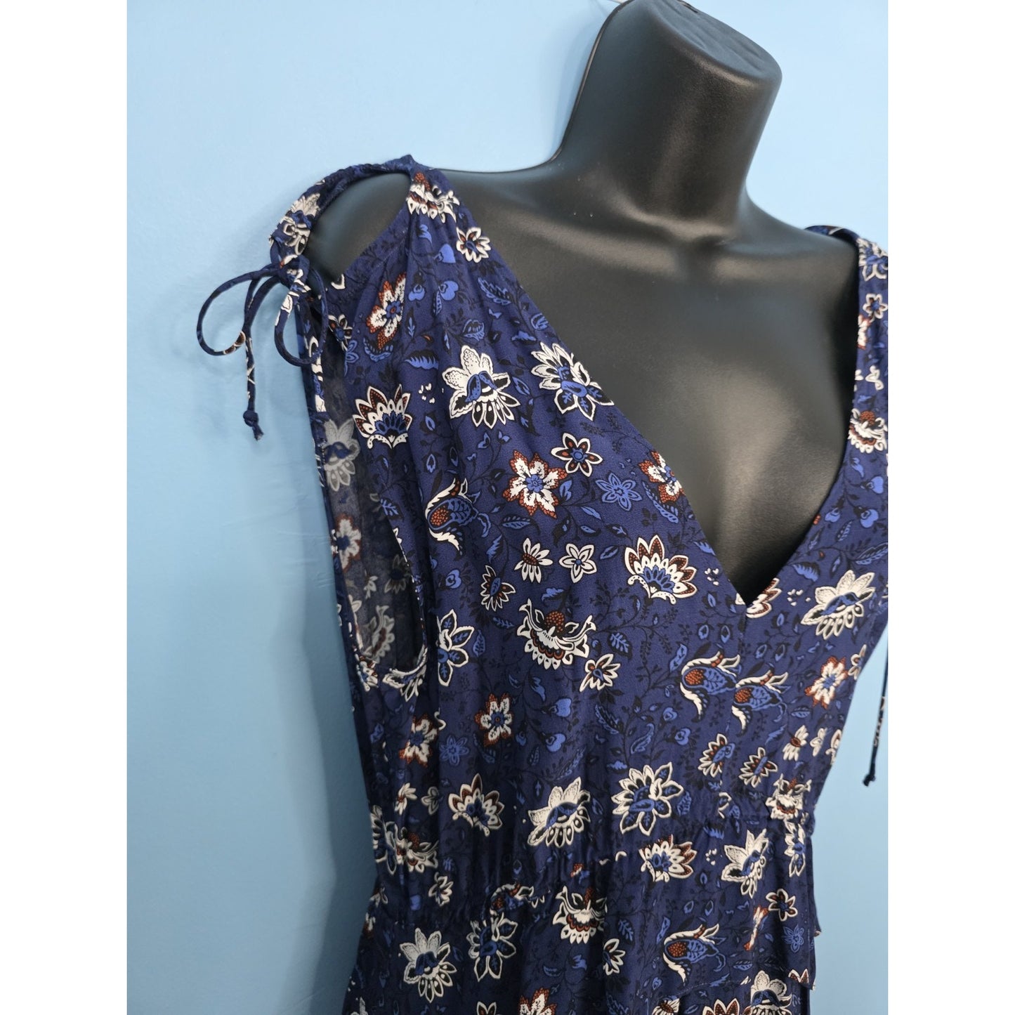 Thakoon Collective Navy Lotus Printed Dress Size 0 V-Neck Ruffled High-Low Hem