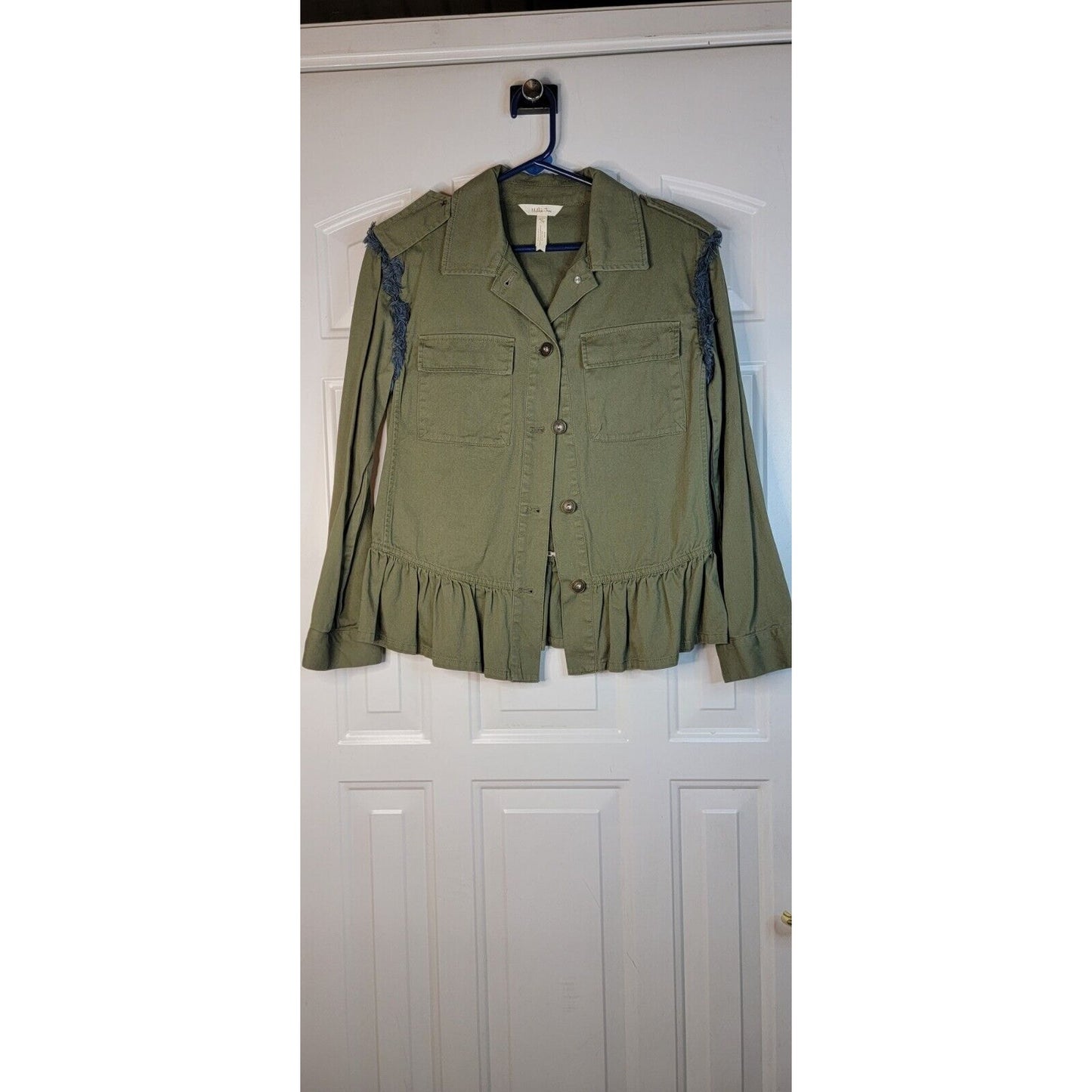 Matilda Jane Embroidered Patchwork Military Jacket Sz XS Army Olive Green Artsy