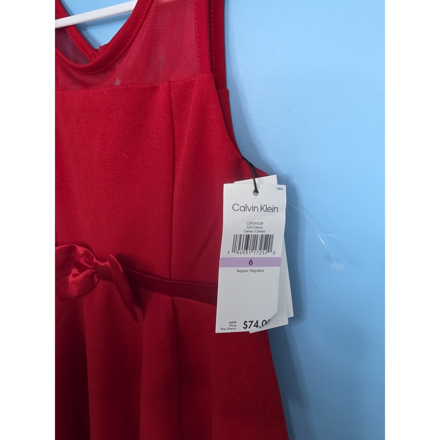 Calvin Klein Illusion Size 6 Mesh Bow Front Dress, Girls Red Sleeveless MSRP $74