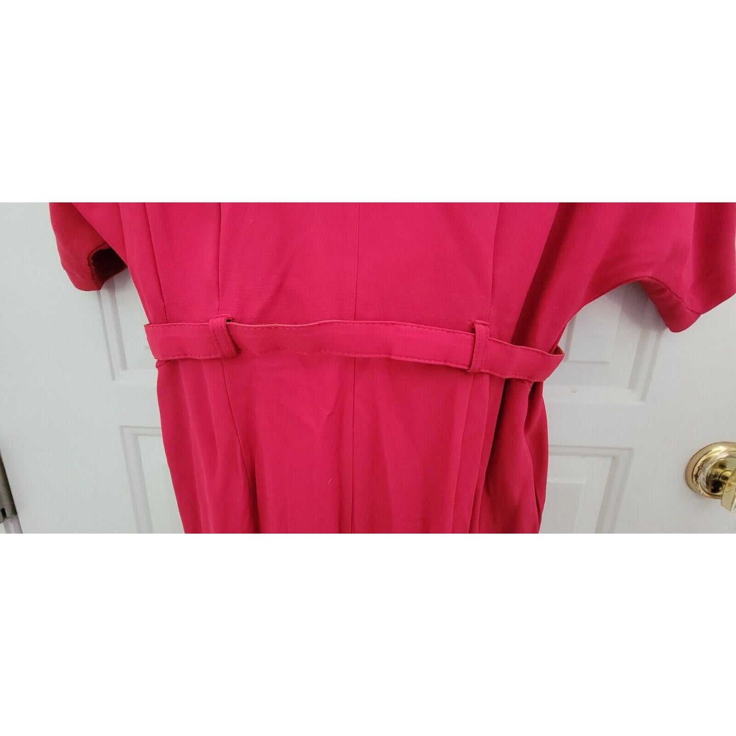 1980s David Benjamin Shin Length Pinky Red Belted Dress With Brooch Size 16