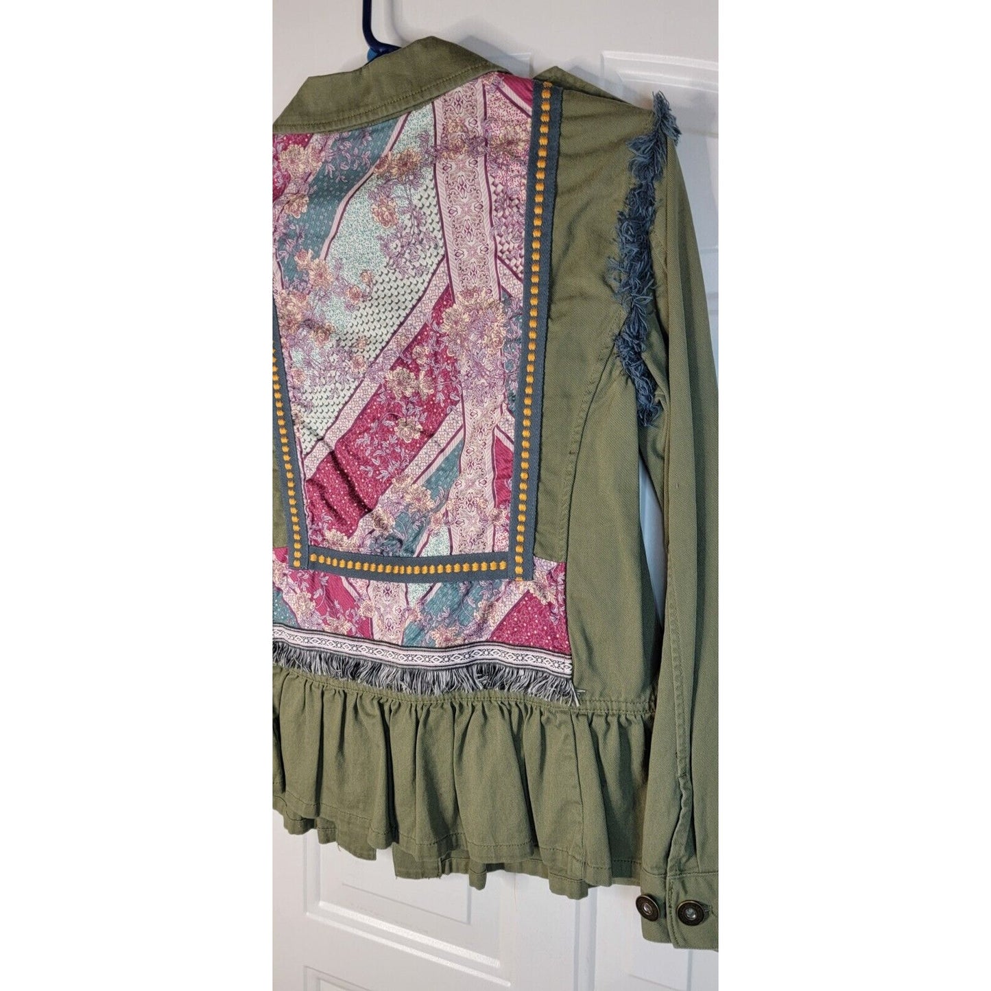Matilda Jane Embroidered Patchwork Military Jacket Sz XS Army Olive Green Artsy