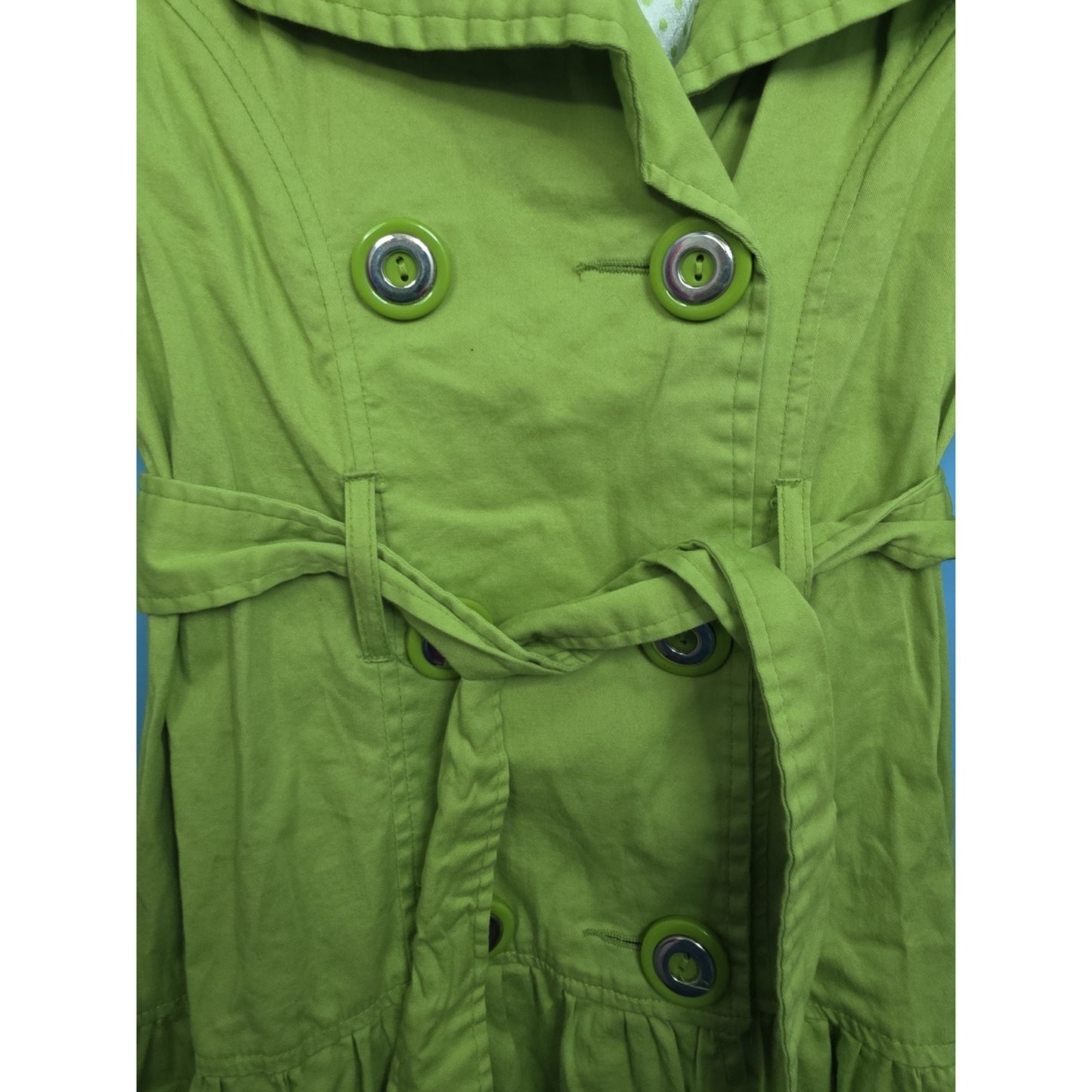 Takara Bright Green Double Breasted Trench Coat Girls Large Belted Ruffle Hem